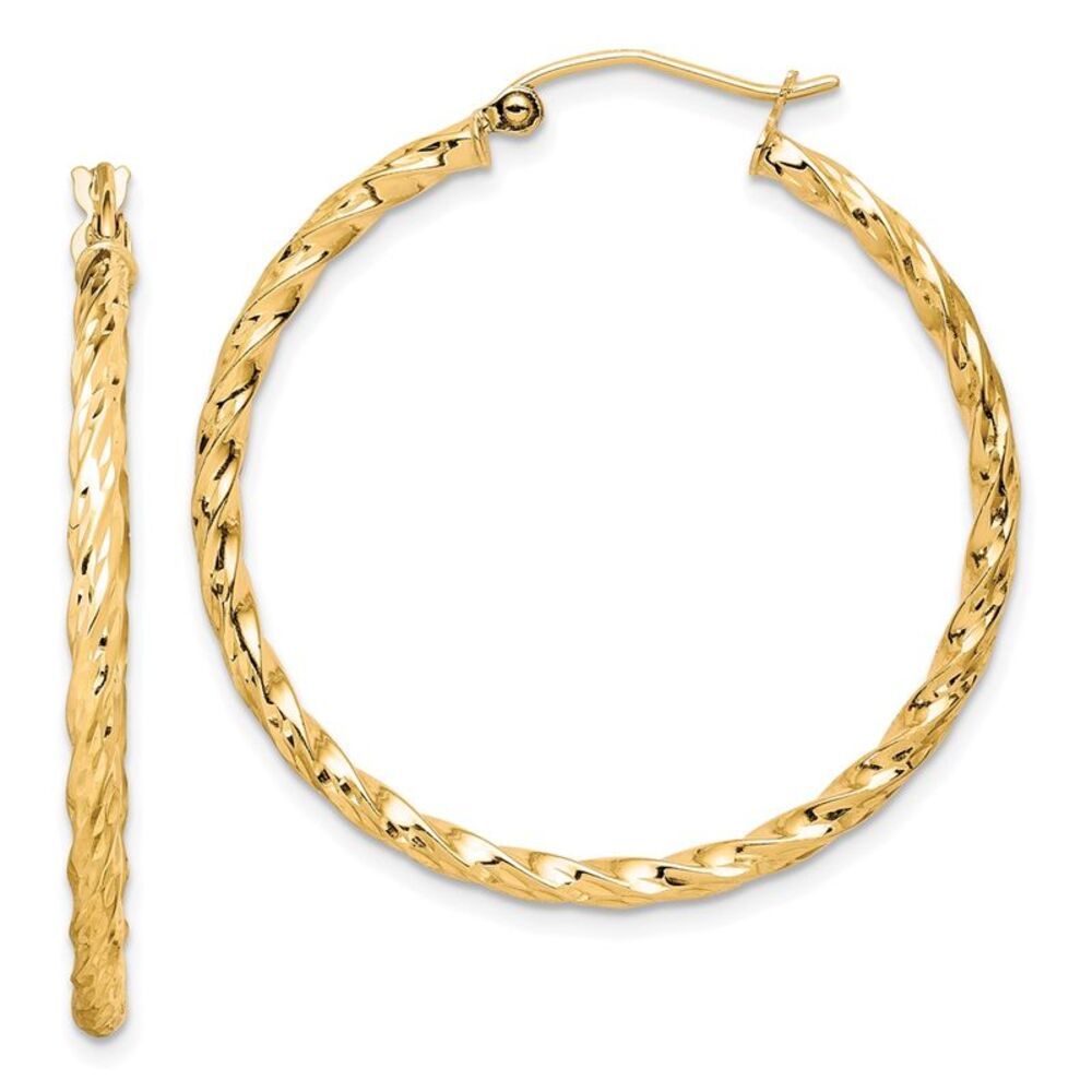 10k Yellow Gold Twisted Diamond Cut Hoop Earrings